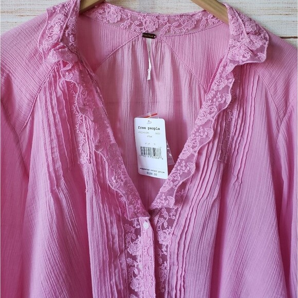 Free People 100% Cotton Clemence Buttondown Blouse Shirt Pink Size Medium - Picture 5 of 13